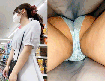 【同業ニイご乱心！コンビニ盗撮】【スーツ美人新妻の艶乳首?激かわポニテお姉さんの水色レース】