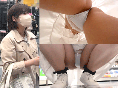 ケツ毛ハミ出しパンチラ?美巨乳見えのローアングル撮影?【素人/逆さ撮りパンチラ】